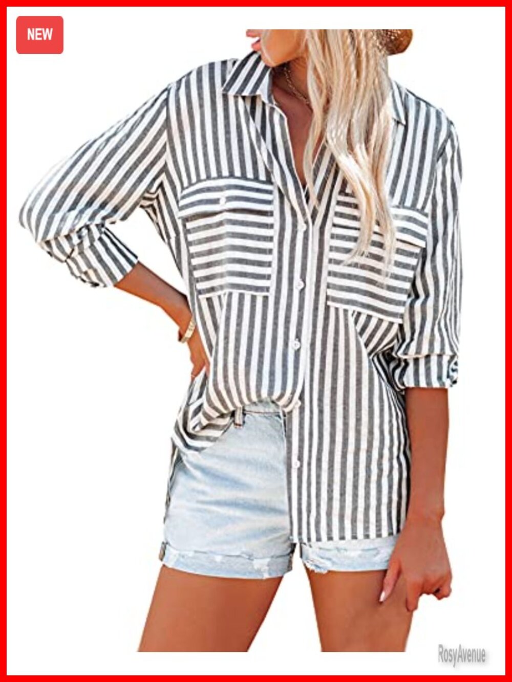 Women's Striped Button Down Shirt V Neck Long Sleeve Blouse with Pockets